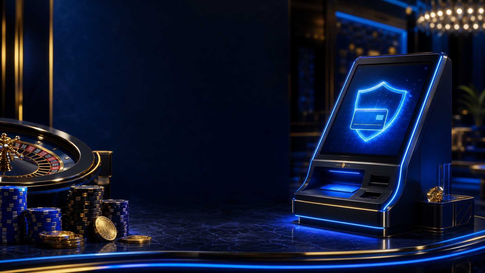 Blue-lit casino cashier terminal with roulette details